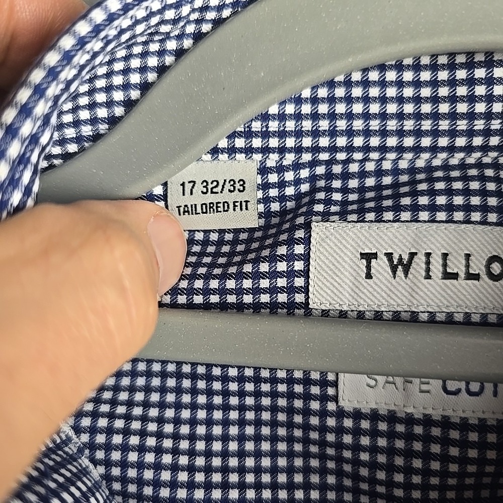 Twillory Shirt Mens 17 32/33 Blue‎ Baby Check Tailored Fit Non Iron Safe Cotton - Picture 5 of 9